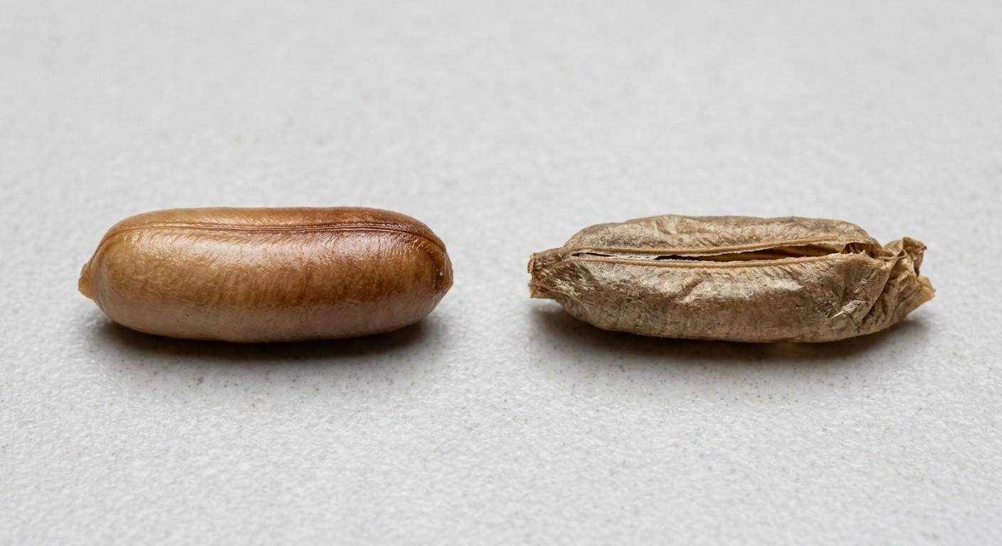 Side-by-side macro comparison of an unhatched cockroach egg case that is plump and sealed on the left and a hatched cockroach egg case that is flat, split, and hollow on the right, both on a gray surface.
