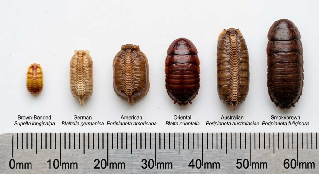 Close-up comparison of six cockroach egg cases (oothecae) arranged by size from smallest to largest on a white ruler background