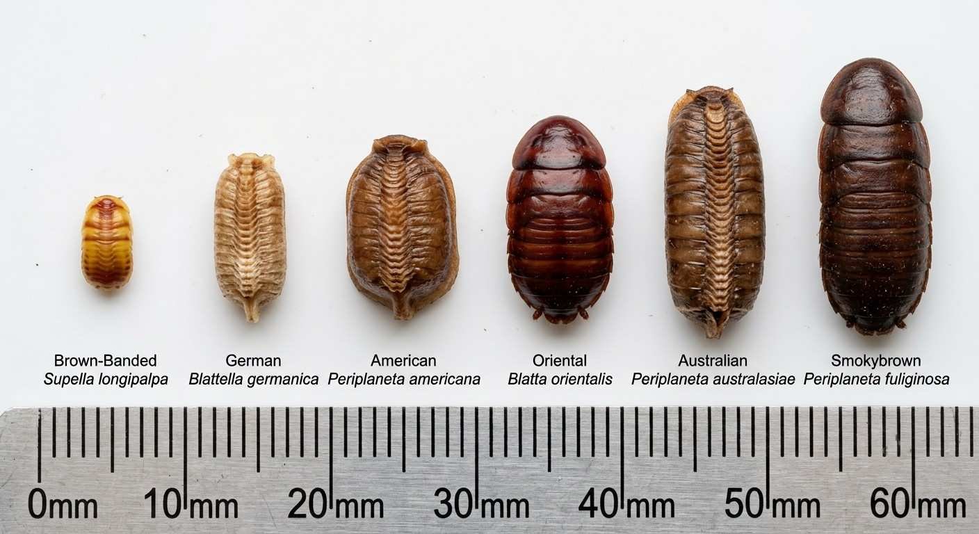 Close-up comparison of six cockroach egg cases (oothecae) arranged by size from smallest to largest on a white ruler background