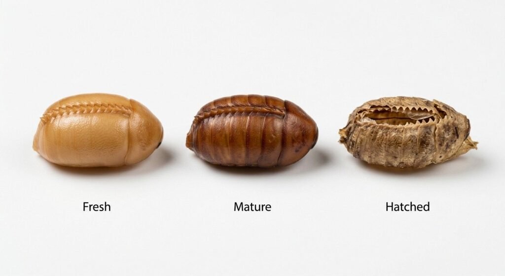 Three stages of a cockroach egg case shown side by side — fresh tan ootheca, mature dark brown ootheca, and hatched split ootheca — on a clean white background