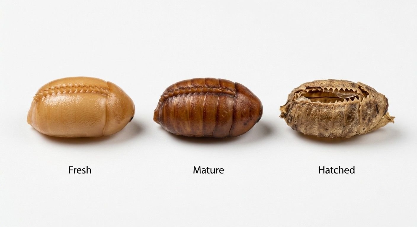 Three stages of a cockroach egg case shown side by side — fresh tan ootheca, mature dark brown ootheca, and hatched split ootheca — on a clean white background