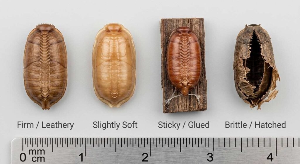 Four cockroach egg cases showing different textures side by side — firm leathery mature ootheca, slightly soft fresh ootheca, sticky glued ootheca on wood, and brittle split hatched ootheca