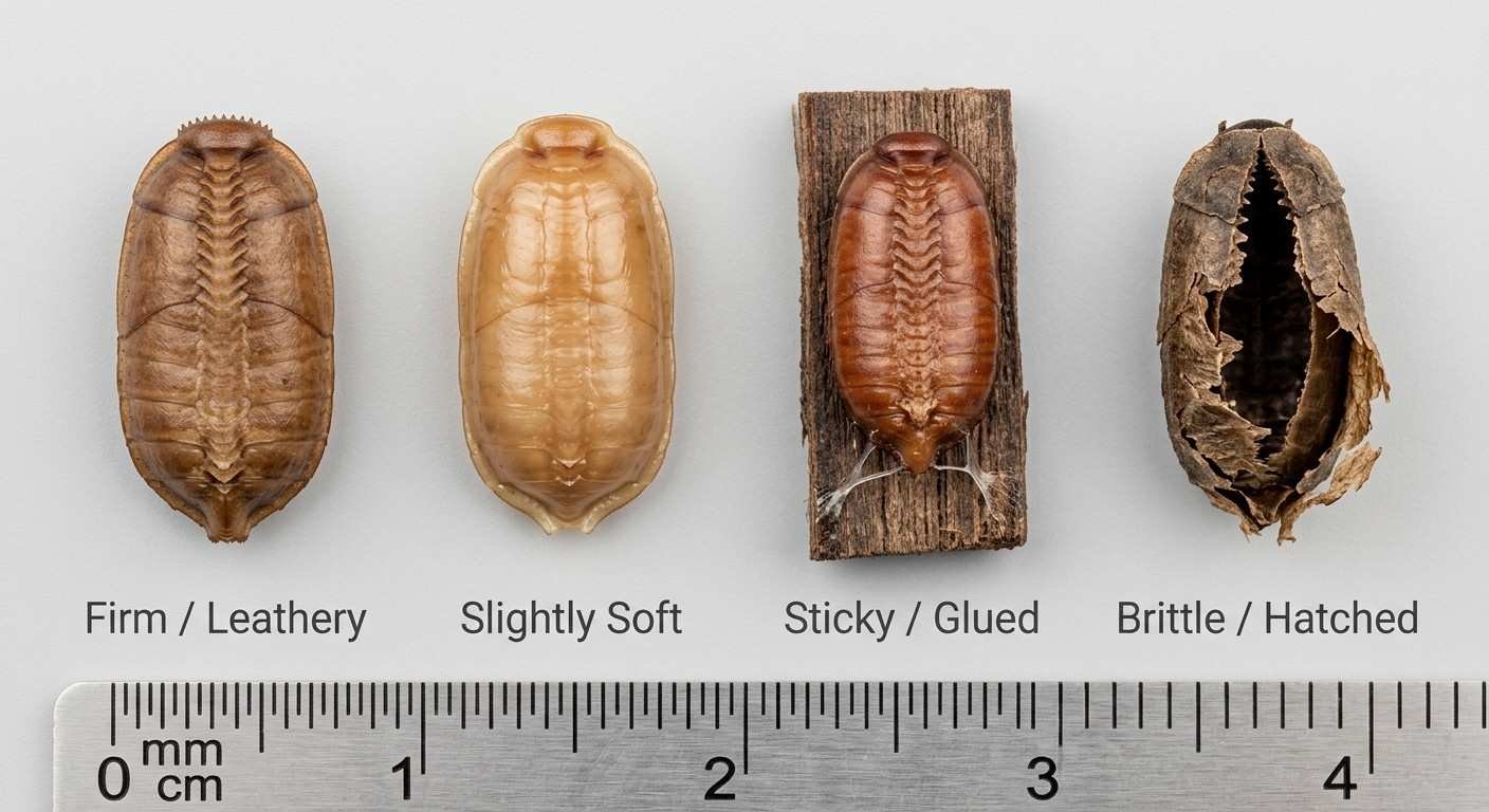 Four cockroach egg cases showing different textures side by side — firm leathery mature ootheca, slightly soft fresh ootheca, sticky glued ootheca on wood, and brittle split hatched ootheca