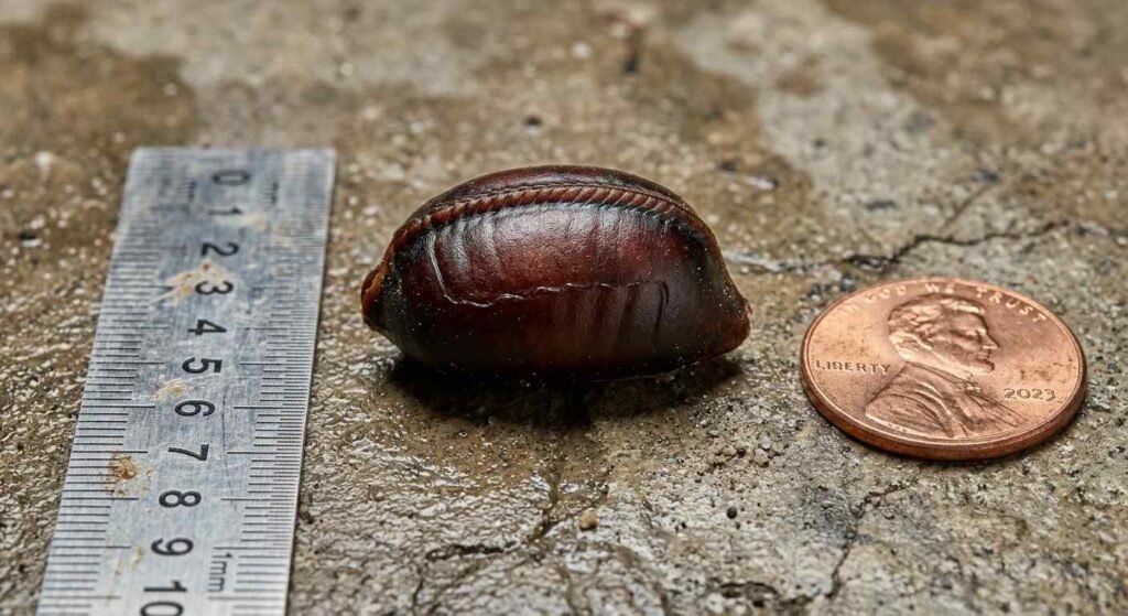 American cockroach dark brown purse-shaped ootheca egg case shown next to a metric ruler on a damp concrete basement surface with a penny for scale