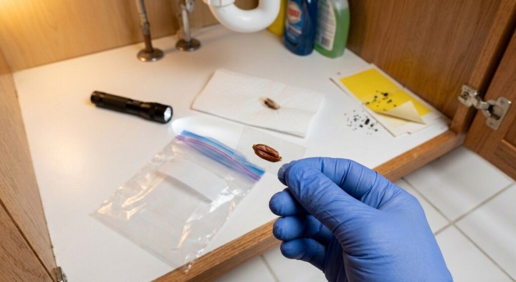 A gloved hand holding clear tape with a hatched and empty cockroach egg case attached, next to an open plastic bag, a sticky roach monitor trap, and a flashlight during a post-inspection cleanup process.