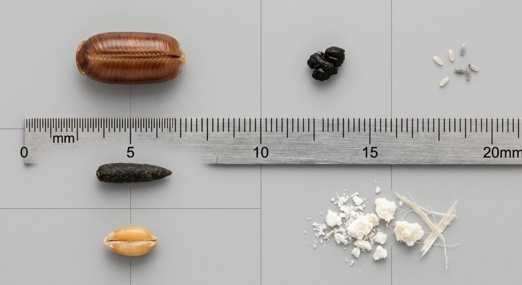Roach ootheca and pantry moth eggs compared with droppings, seeds, crumbs, and packaging fibers.