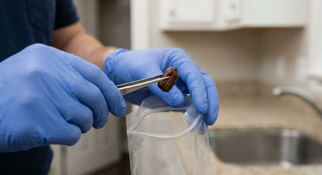 Person wearing disposable gloves picking up a cockroach egg case with tweezers for safe removal and disposal