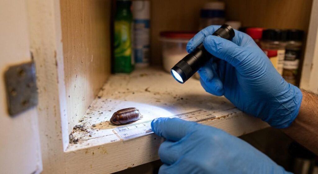 Person wearing blue nitrile gloves holding a flashlight over a cockroach egg case found in a kitchen cabinet corner during a pest inspection

