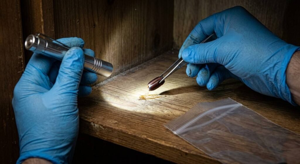 Person wearing blue nitrile gloves using metal tweezers to safely lift a cockroach egg case from a cabinet surface while holding a flashlight for inspection

