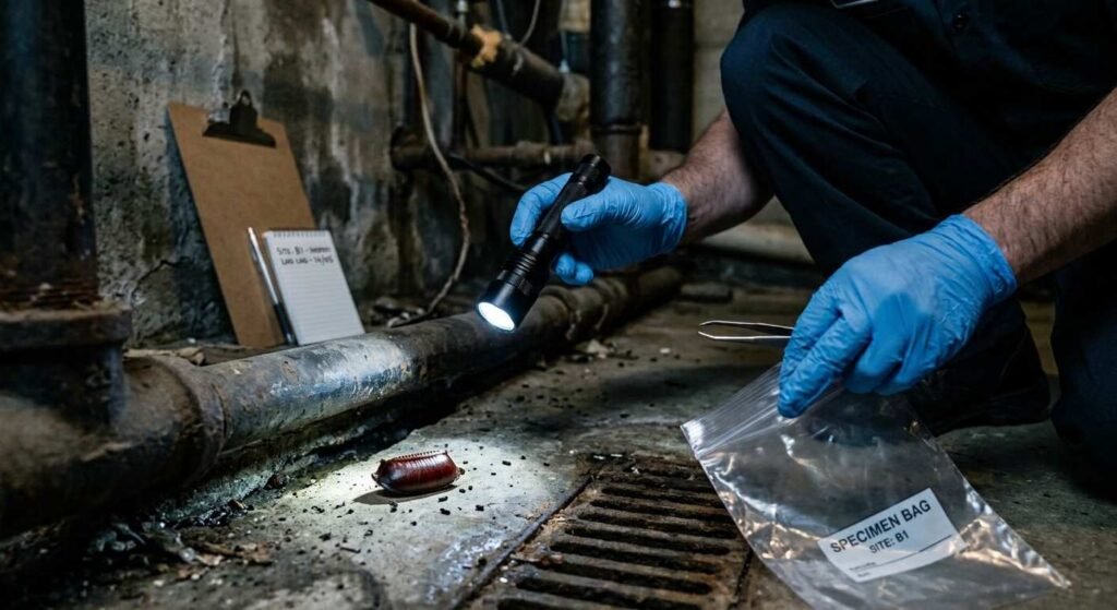 Pest control technician in blue nitrile gloves using a flashlight and clipboard to inspect a damp basement drain area for American cockroach egg cases and droppings

