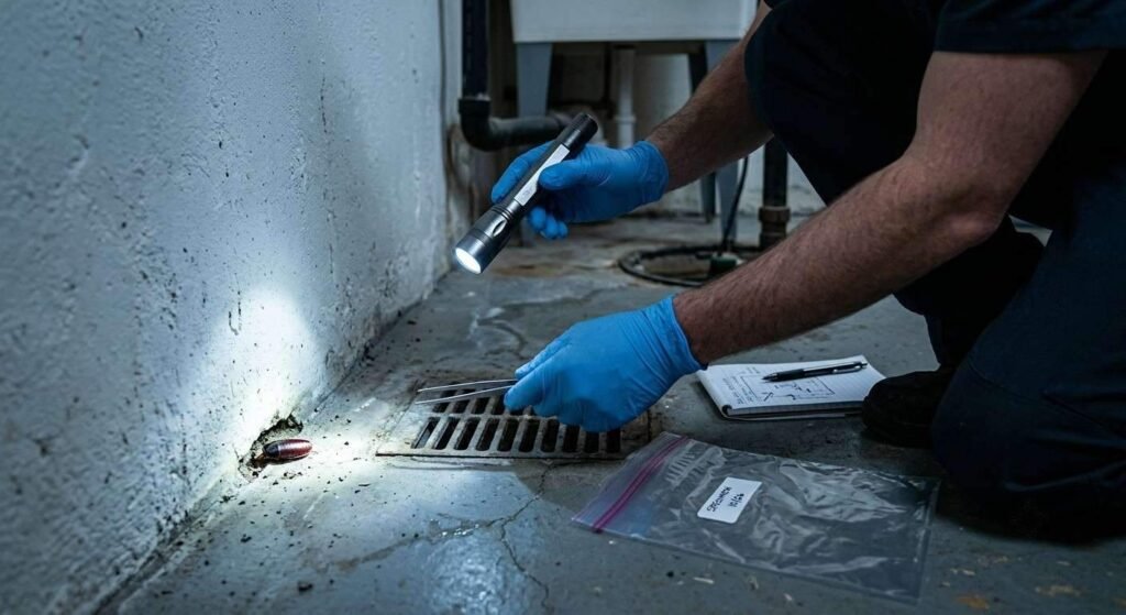 Pest inspector wearing blue nitrile gloves using a bright flashlight to carefully examine a damp basement floor drain area for Oriental cockroach egg cases and signs of activity

