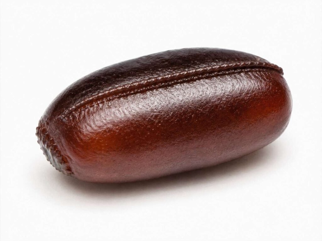 Extreme macro close-up of an Oriental cockroach ootheca showing its dark reddish-brown color slightly inflated capsule shape and visible closed seam from a front-elevated angle

