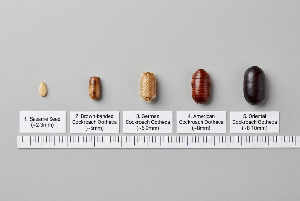 Top-down size comparison of five objects in a row: sesame seed, brown-banded roach ootheca, German roach ootheca, American roach ootheca, and Oriental roach ootheca, with a millimeter ruler for scale