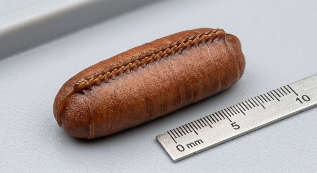 Macro view of a brown cockroach ootheca with a ridged seam and firm capsule-shaped shell.