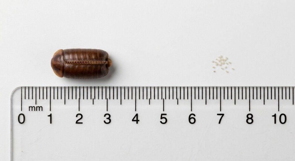 Metric scale comparison of a 7 millimeter roach egg case and 0.4 millimeter pantry moth eggs.