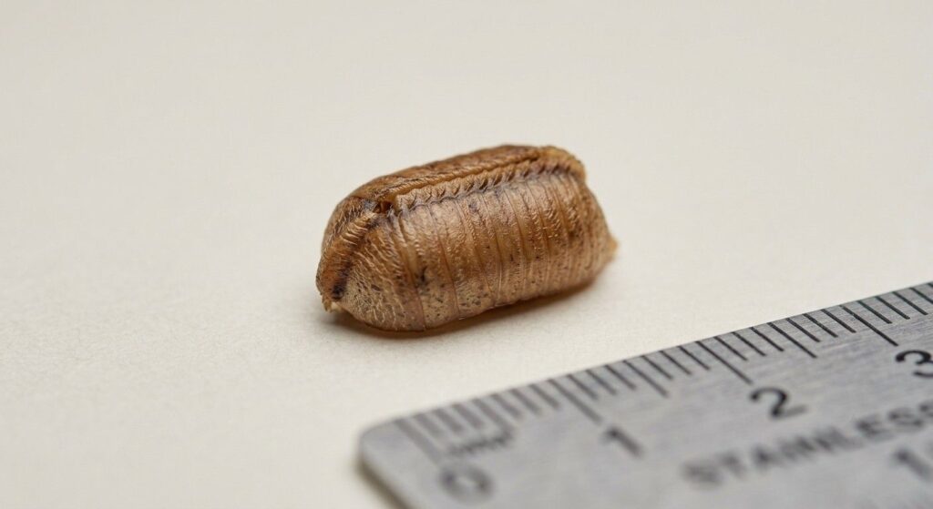 Macro view of a firm brown cockroach ootheca with a raised seam along one side.