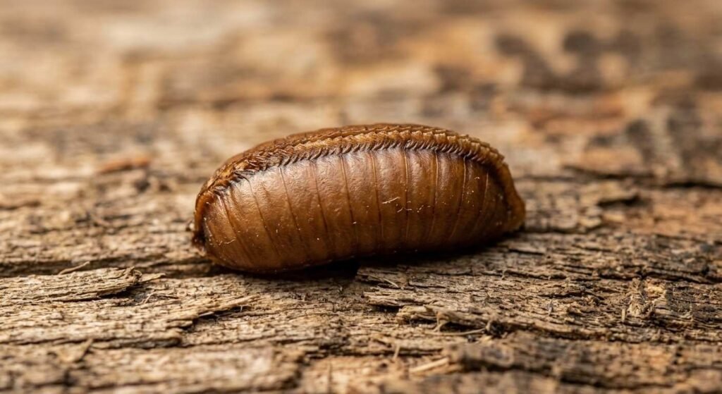 Single cockroach ootheca (egg case) shown in macro detail on a wooden surface revealing the ridged seam and leathery capsule texture
