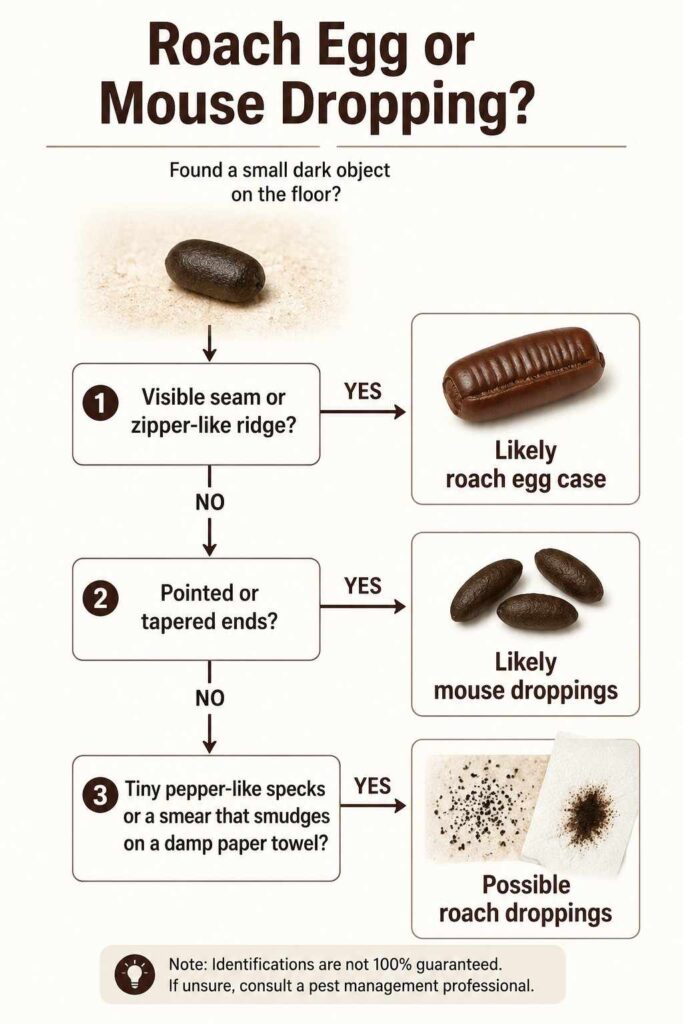 Identification flowchart using seams, pointed ends, and smearing to distinguish roach eggs, mouse droppings, and roach droppings.