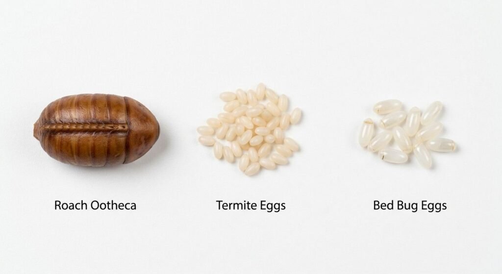 Comparison showing a brown cockroach ootheca capsule next to tiny white termite eggs and small white bed bug eggs to show the difference