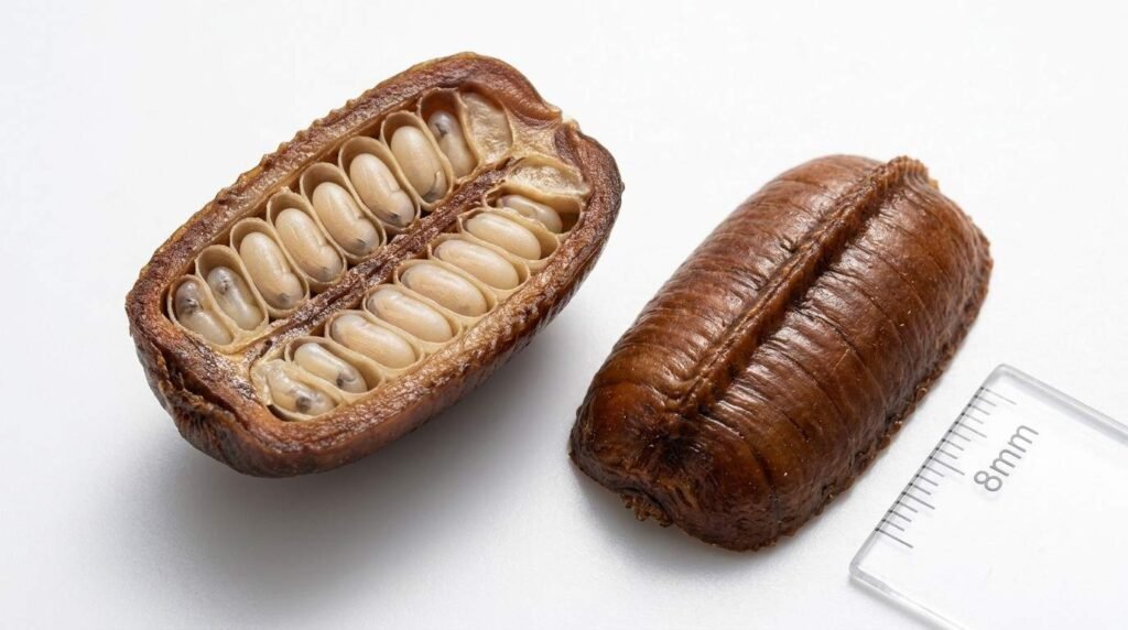 Cross-section diagram style macro image of a cockroach ootheca showing the hard protective outer shell and multiple embryos arranged inside the leathery capsule

