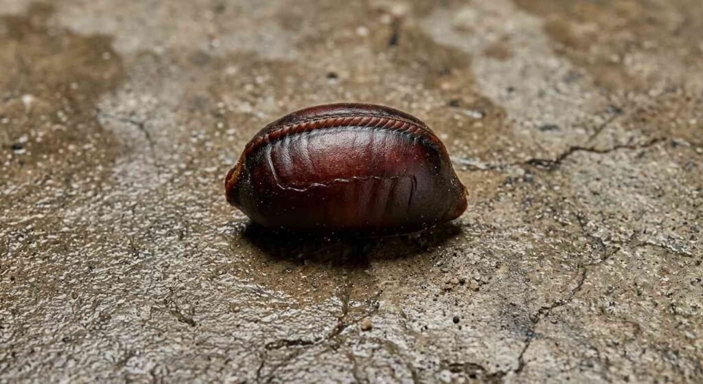 Close-up macro image of an American cockroach ootheca showing its purse shape, dark brown color, leathery surface texture, and closed ridge seam from a front-angle view

