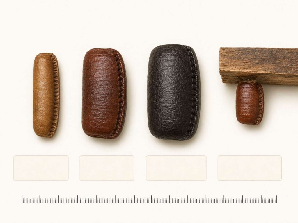 German, American, Oriental, and brown-banded cockroach egg cases showing differences in size, color, and shape.
