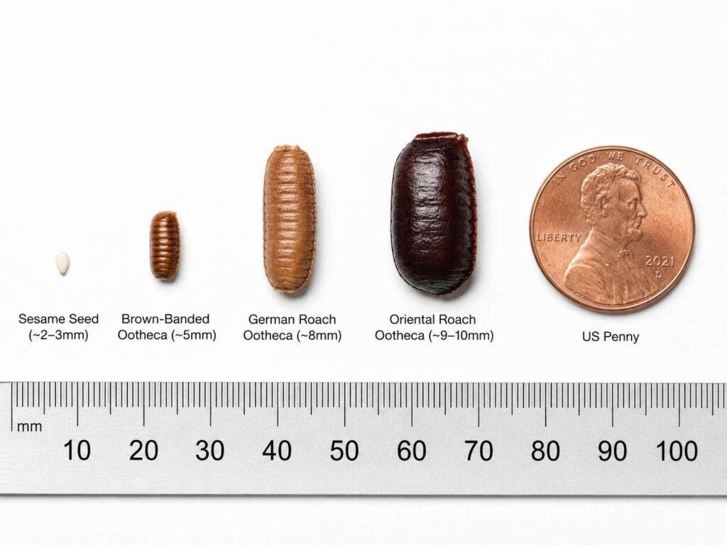 Flat lay size comparison showing an Oriental cockroach dark ootheca next to a German roach tan ootheca, American roach brown ootheca, grain of rice, and a US penny on white background