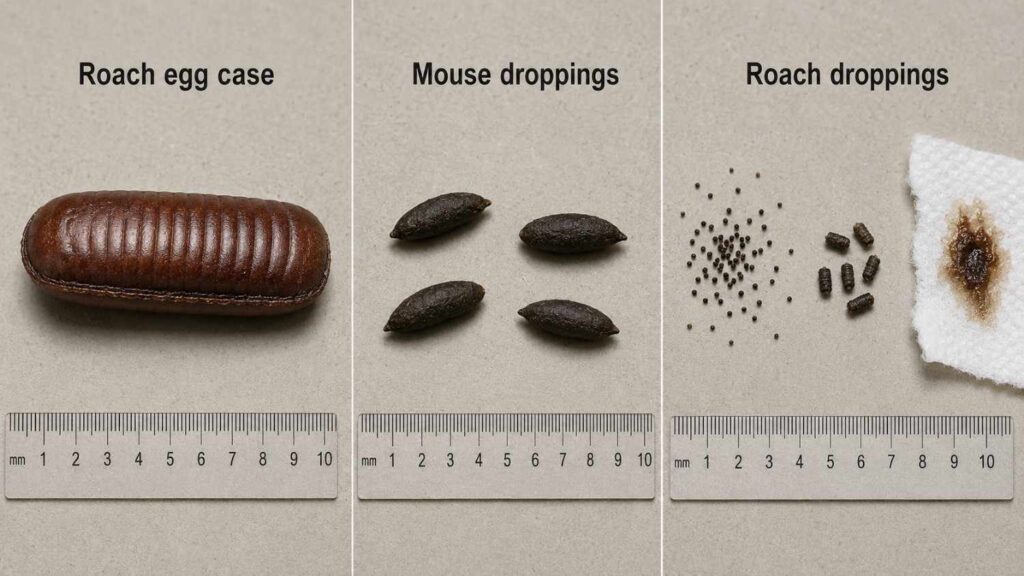 Three-way visual comparison of a ridged roach egg case, pointed mouse droppings, and smaller roach droppings or smears.
