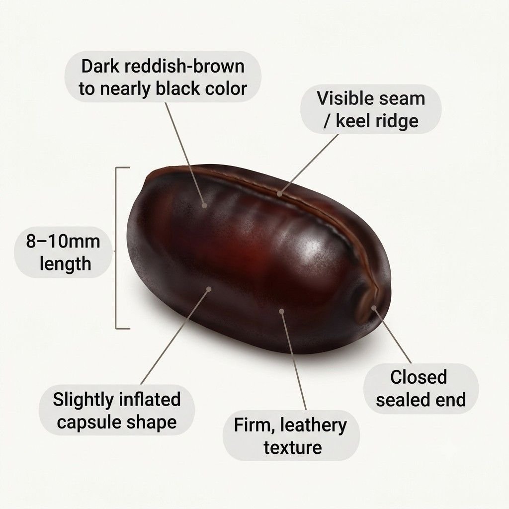 Annotated scientific diagram of an Oriental cockroach ootheca identifying six key features: dark color, 8–10mm length, inflated capsule shape, leathery texture, visible seam, and sealed ends