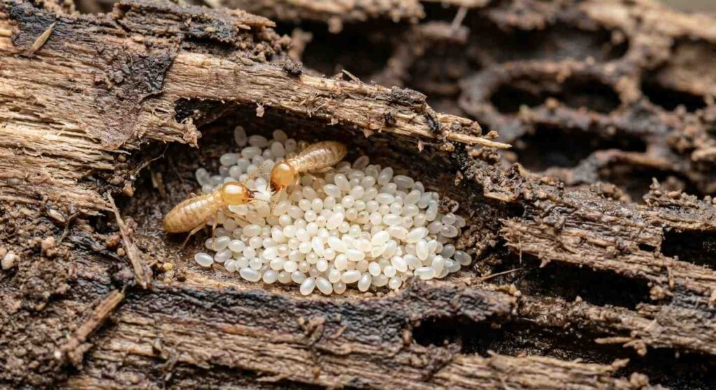 Tiny pale termite eggs clustered inside a wood colony chamber and tended by worker termites.