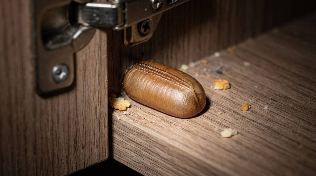 Brown capsule-shaped cockroach ootheca hidden beside a kitchen cabinet hinge.