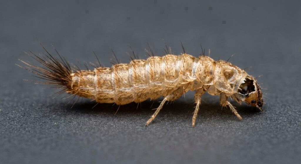 Empty tan carpet beetle larval skin with body segments, side bristles, and a rear hair tuft.