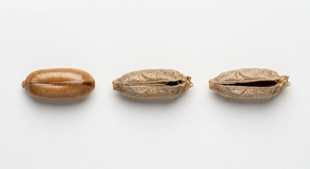 Three cockroach egg cases in a horizontal row on a white surface showing the progression from a plump sealed unhatched ootheca on the left to a partially open center case to a fully flat and split hatched empty case on the right.


