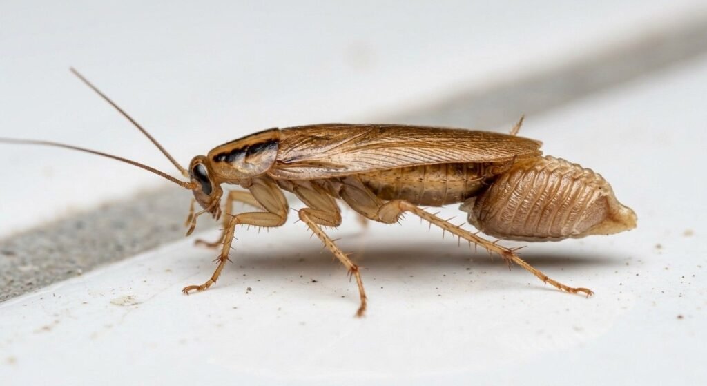 German cockroach female carrying a light tan ootheca attached to her abdomen on a kitchen tile surface