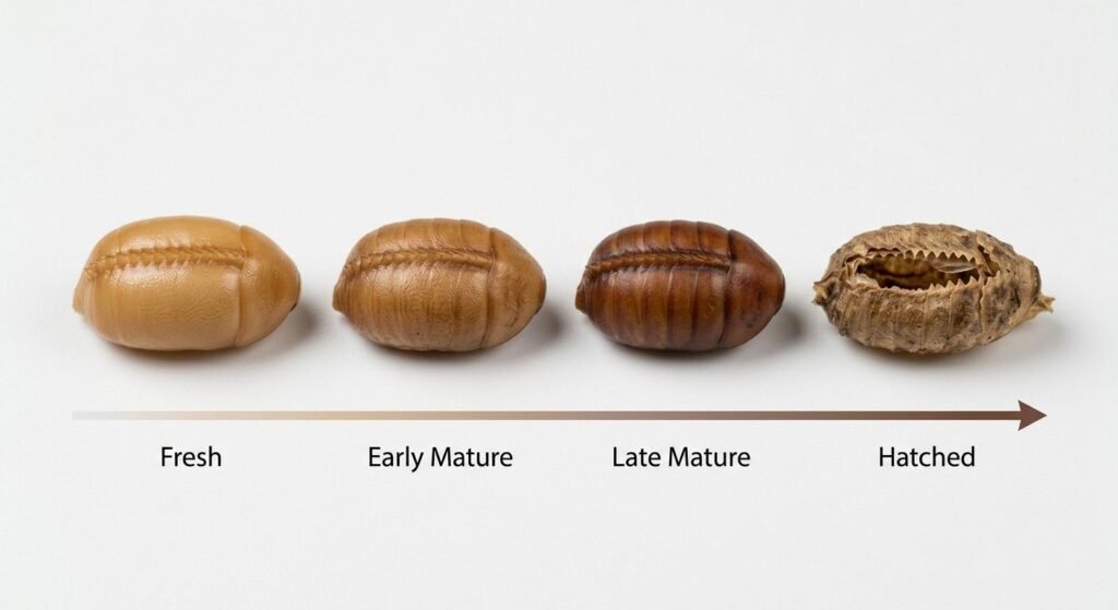 Color gradient chart showing roach egg case color progression from pale tan fresh ootheca to dark brown mature ootheca to split dry hatched ootheca