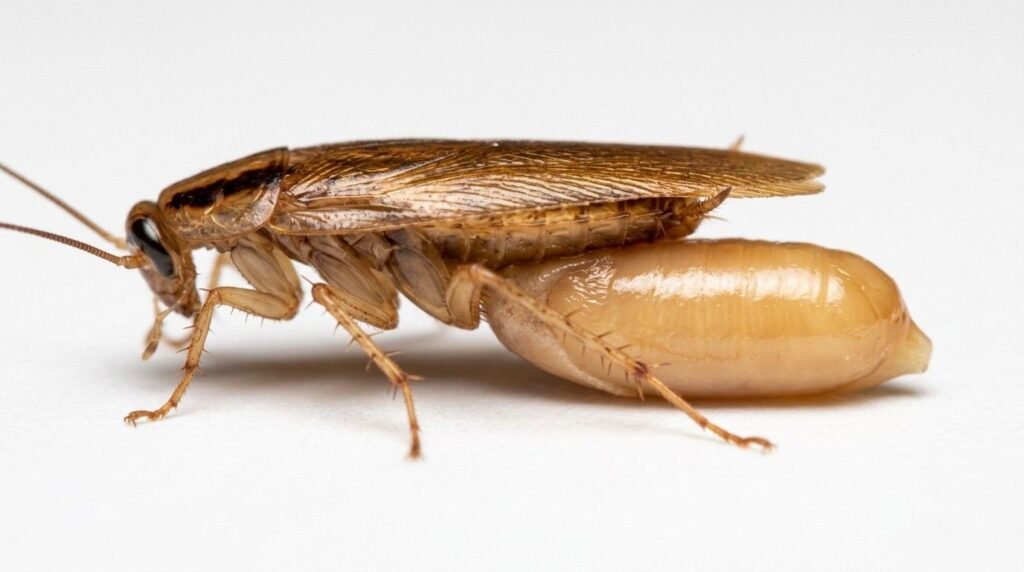 German cockroach female with a pale amber soft fresh ootheca still attached to her abdomen moments after formation on a white surface


