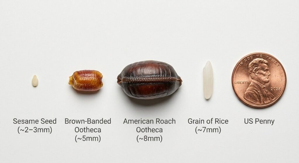 Flat lay size comparison of an American cockroach ootheca next to a grain of rice, sesame seed, and a US penny showing the 8mm scale clearly

