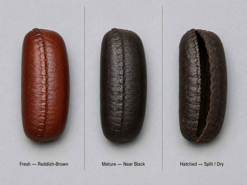 Three Oriental cockroach egg cases in a row showing color stages from fresh reddish-brown sealed ootheca to mature near-black sealed ootheca to dry brittle split hatched ootheca