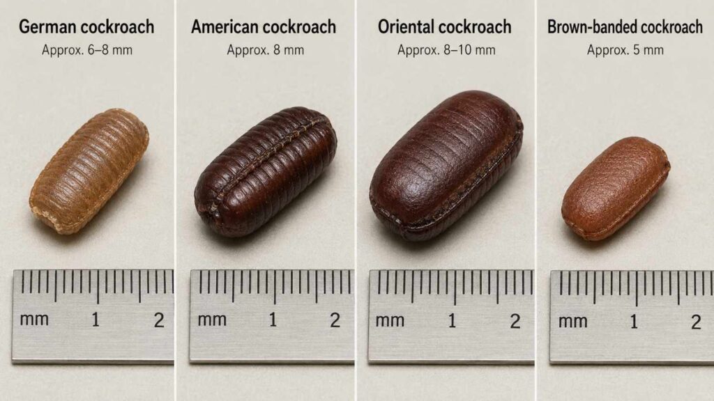 Comparison of German, American, Oriental, and brown-banded cockroach egg cases with approximate sizes.