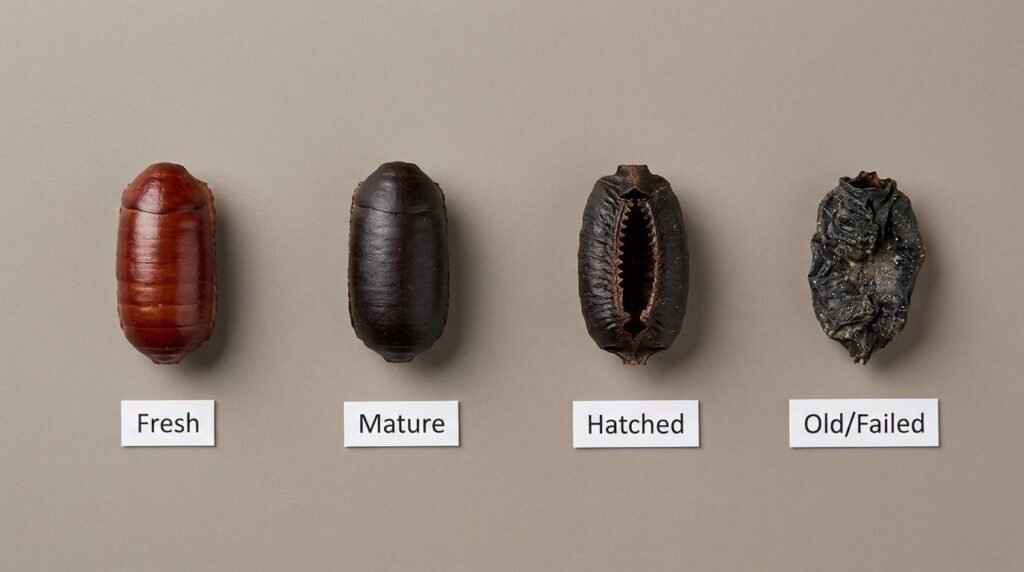 Four Oriental cockroach oothecae in a row showing color and condition stages from left to right: fresh reddish-brown, mature dark brown, hatched open-seam, and old shriveled