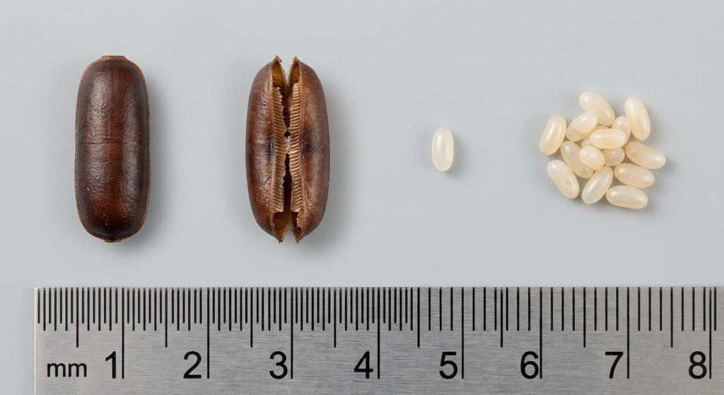 Comparison of brown cockroach egg cases and tiny pale termite eggs beside a millimeter scale.