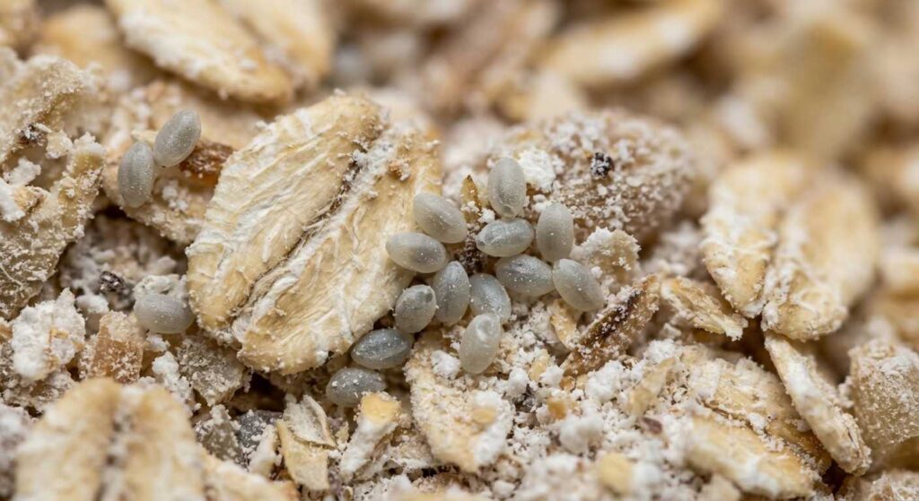 Magnified pale pantry moth eggs scattered on oats and flour particles.