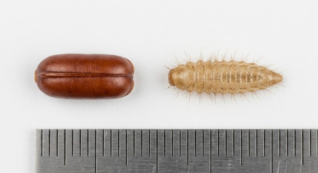 Cockroach egg case and carpet beetle shed skin beside a metric scale showing their different shapes.