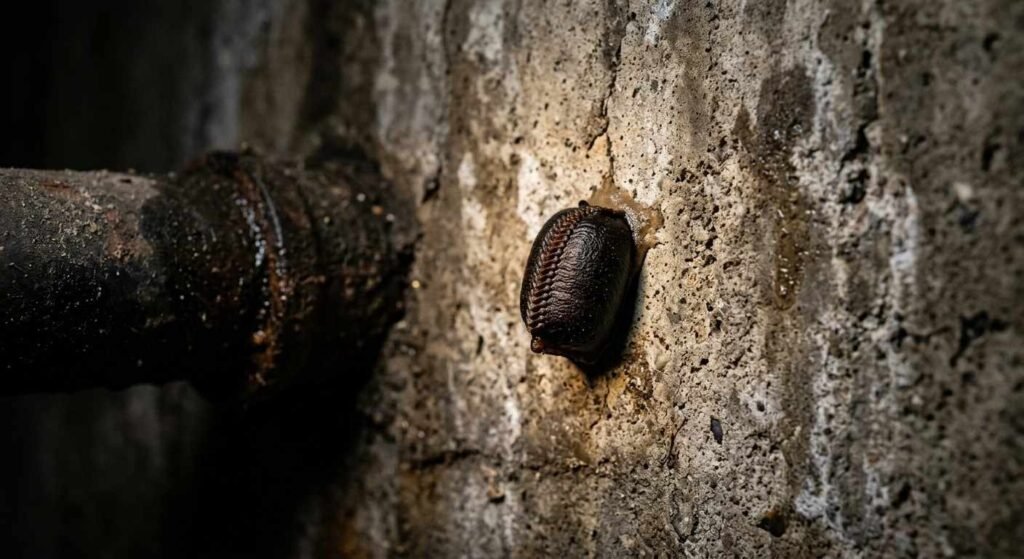 American cockroach ootheca dark brown capsule glued to a concrete basement wall next to a drain pipe