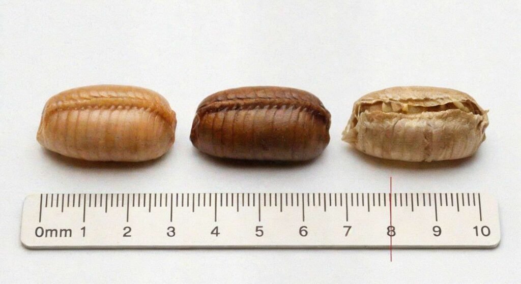 German cockroach light tan egg case shown in three color stages — pale fresh, medium brown mature, and papery hatched — arranged on a white surface

