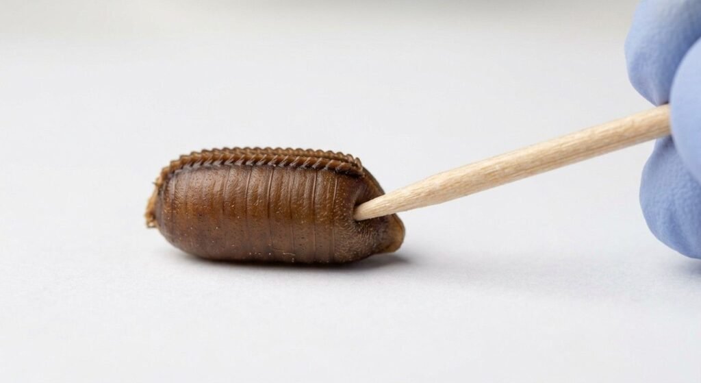 Macro close-up of a mature firm cockroach ootheca being tested with the tip of a toothpick to show its hard leathery resistance without deforming

