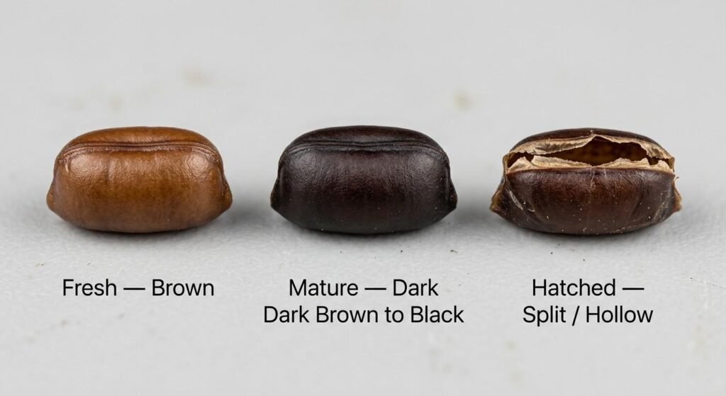Three American cockroach egg cases in a row showing color progression from fresh reddish-brown, to mature dark blackish-brown, to a dry split hatched ootheca


