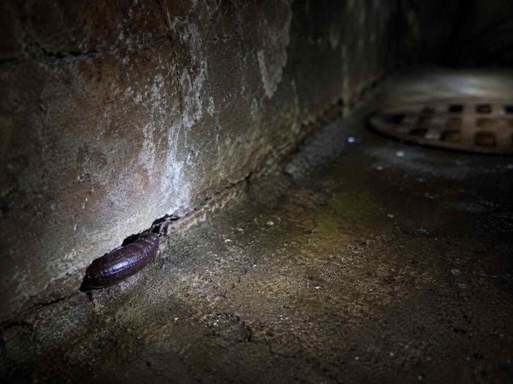 Oriental cockroach near-black ootheca wedged into a crack in a damp basement wall at floor level near a floor drain with moisture staining visible on concrete