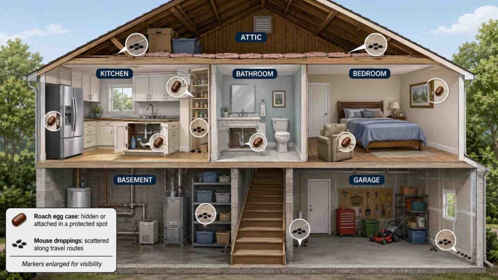 House diagram showing roach egg cases hidden in protected crevices and mouse droppings scattered along walls and travel routes.