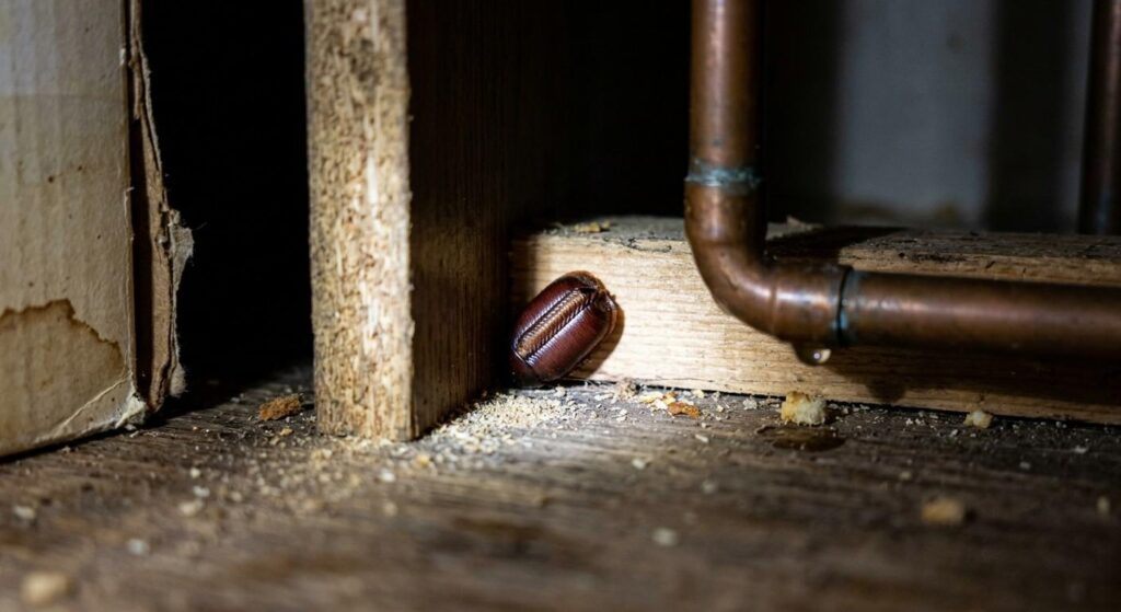 Brown cockroach egg case hidden in a dark kitchen crevice behind an appliance near moisture and food debris.